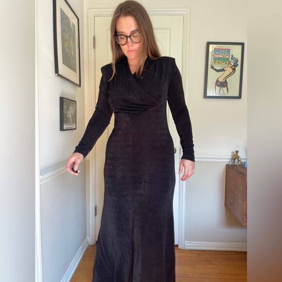 Vintage Dresses & Skirts - 90s Vintage Slinky Black Stretch Long Sleeve Maxi Dress